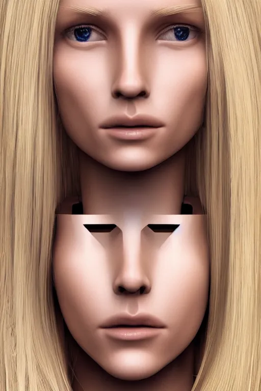 Image similar to robot with human face, female head, full body angle, woman human face, human face realistic, beautiful blonde hair, human head, human head with blonde hair, blonde hair human head, blonde hair, human realistic face, human head skin, cyborg frame concept, cyborg by ales-kotnik, sci-fi android female, the body is made of wires, robotic body, cyborg body, cyborg bust body, robot body cyborg, full body