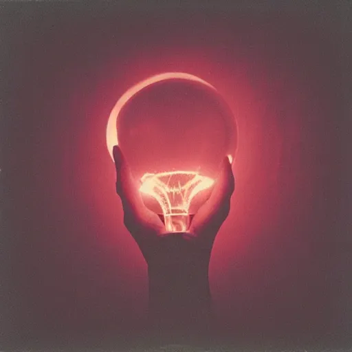 Prompt: hand holding a glowing lightbulb, polaroid photo, surreal,