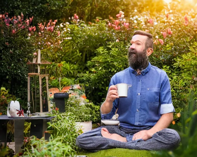 Image similar to mr robert is drinking fresh tea, smoke pot and meditate in a garden from spiral mug, detailed smiled face, short beard, golden hour closeup photo, red elegant shirt