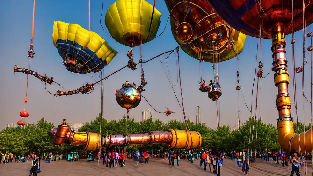 Prompt: large colorful futuristic space age metallic steampunk steam - powered balloons with pipework and electrical wiring around the outside, and people on rope swings underneath, flying high over the beautiful beijing city landscape, professional photography, 8 0 mm telephoto lens, realistic, detailed, photorealistic, photojournalism