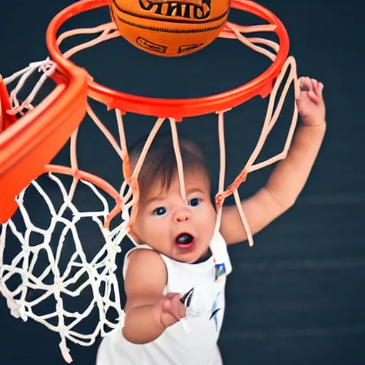 Image similar to a baby dunking a basketball, dramatic action photography, close up, epic shot