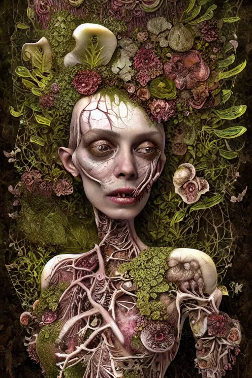 Image similar to beautiful and detailed rotten woman corpse with fractal plants and fractal flowers and mushrooms growing around, face muscles, veins, arteries, intricate, ornate, surreal, ray caesar, john constable, guy denning, dan hillier