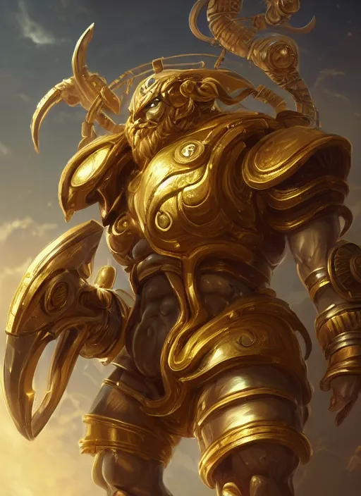 Prompt: a highly detailed illustration of gentle colossal golden greek mechanical giant, with cute doting eyes, intricate, elegant, highly detailed, centered, digital painting, artstation, concept art, smooth, sharp focus, league of legends concept art, wlop.
