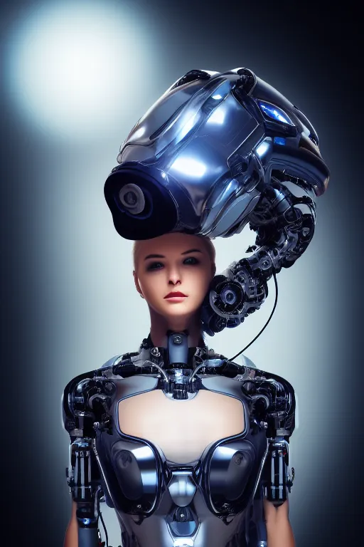 Prompt: cybernetic high tech female with cat on her head, sci - fi, cyberpunk, futurism, exoskeleton, robot, strong artificial intelligence, symmetry, cinematic, elegant, luxury, professional studio light, perfect composition, dlsr photography, sharp focus, 8 k, ultra hd, sense of awe, highly detailed, hyper realistic, intricate, science journal cover