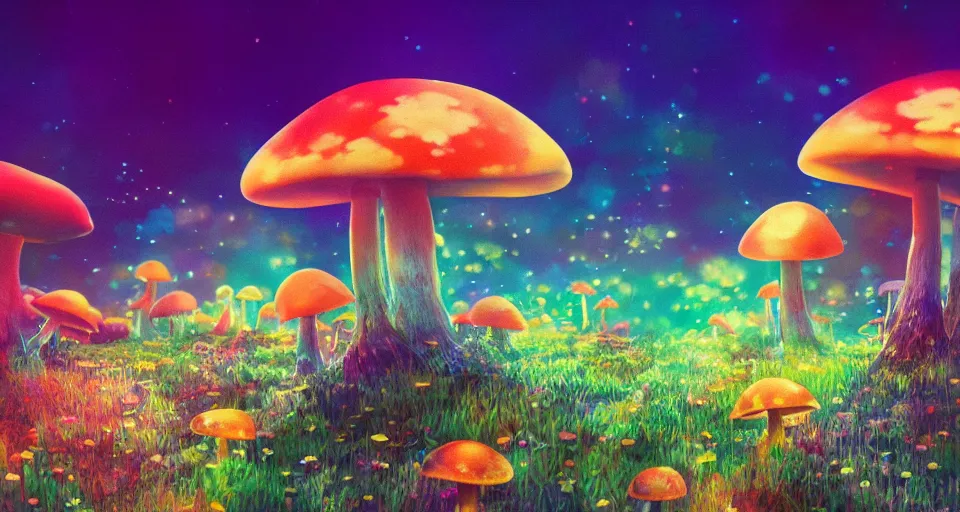 Prompt: a beautiful painting of psychedelic mushrooms by studio ghibli, gigantic, octane render, brilliantly coloured, intricate, ultra wide angle, trending on artstation, dusk, volumetric lighting, polished, micro details, ray tracing, 8k