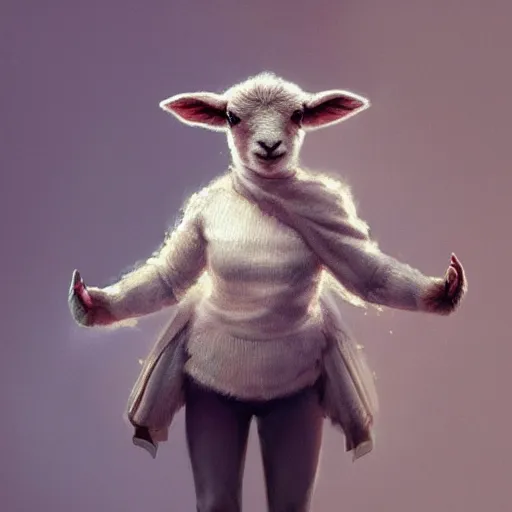 Image similar to lamb wearing a sweater, upper body shot, hyper detailed, digital art, artstation, cinematic lighting, studio quality, smooth render, by caravaggio, artgerm, greg rutkowski, craig mullins