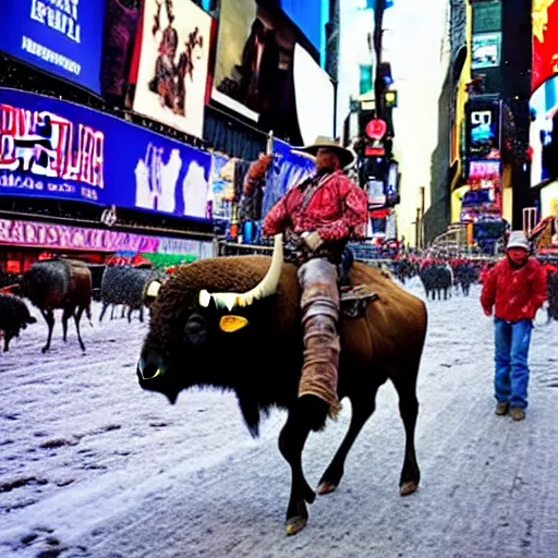 Prompt: wild west cowboy riding a buffalo in times square while it ’ s snowing