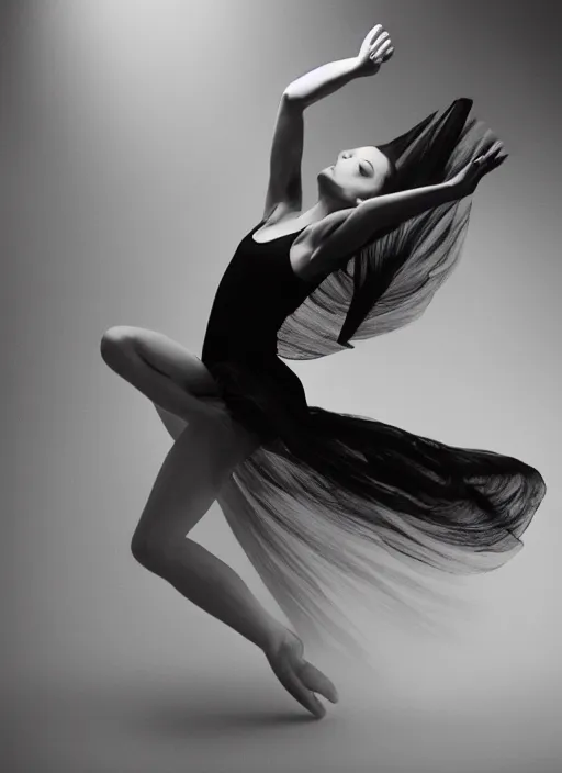 Image similar to a photorealistic dramatic hyperrealistic render of a glamorous beautiful female dancer by ken brower and deborah ory of nyc dance project, lois greenfield, flowing cloth and smoke, beautiful dynamic dramatic dark moody lighting, beautiful face volumetric, shadows, artgerm, cinematic atmosphere, octane render, 8 k