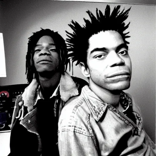 Image similar to portrait photo of basquiat and kurt cobain in nirvana basquiat ’ s studio, photorealistic,