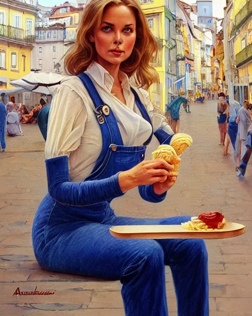 Image similar to a blonde fuller figured barbara bach from the bond film wearing blue dungarees and eating ice creams in porto, real life skin, intricate, elegant, highly detailed, artstation, concept art, smooth, sharp focus, art by artgerm and greg rutkowski and alphonse mucha