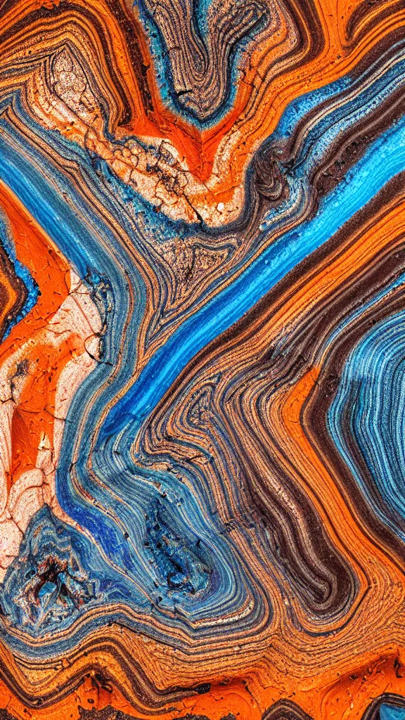 Image similar to vivid color, folded, tessellated planes of rock, alien sedimentary schematic, igneous rock, marbled veins, macro photography, 3D!!! diorama!!!!!!, depth of field with a patina of inlaid circuitry, layers of strata, mineral grains, dramatic lighting, rock texture, sand by James jean, geology, octane render in the style of Luis García Mozos