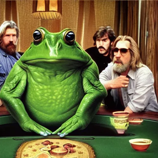 Image similar to a giant frog sitting with the big lebowski, jeff bridges the dude sitting at the table with a giant frog, realistic from the movie the big lebowski by the coen brothers, 8 k