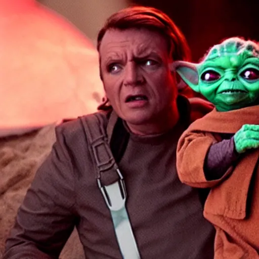 Prompt: neon movie still from mandalorian with angry baby yoda.