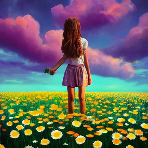 Image similar to head made of giant daisies, girl standing barefoot in a flower field, holding flowers, surreal photography, sunrise dramatic light, impressionist painting, colorful clouds, large sky, digital painting, artstation, simon stalenhag, flower face