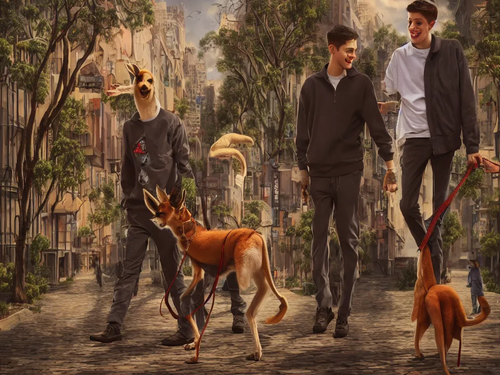 Image similar to pete davidson walking a kangaroo in the style of michael cheval, 4 k, hyper detailed, trending on artstation, photorealistic, volumetric lighting, octane render,