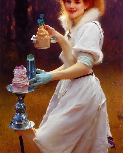 Prompt: portrait of a white female anthro wolf waitress serving milkshakes, 4 k, trending on artstation, very expressive detailed feminine face, energetic, bright colors, happy, by gaston bussiere, craig mullins, j. c. leyendecker, gustav klimt, artgerm, greg rutkowski, alphonse mucha