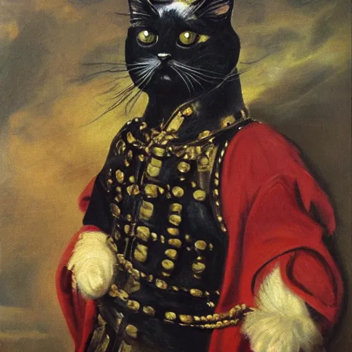 Prompt: an oil painting of cat general in the style of Rubens