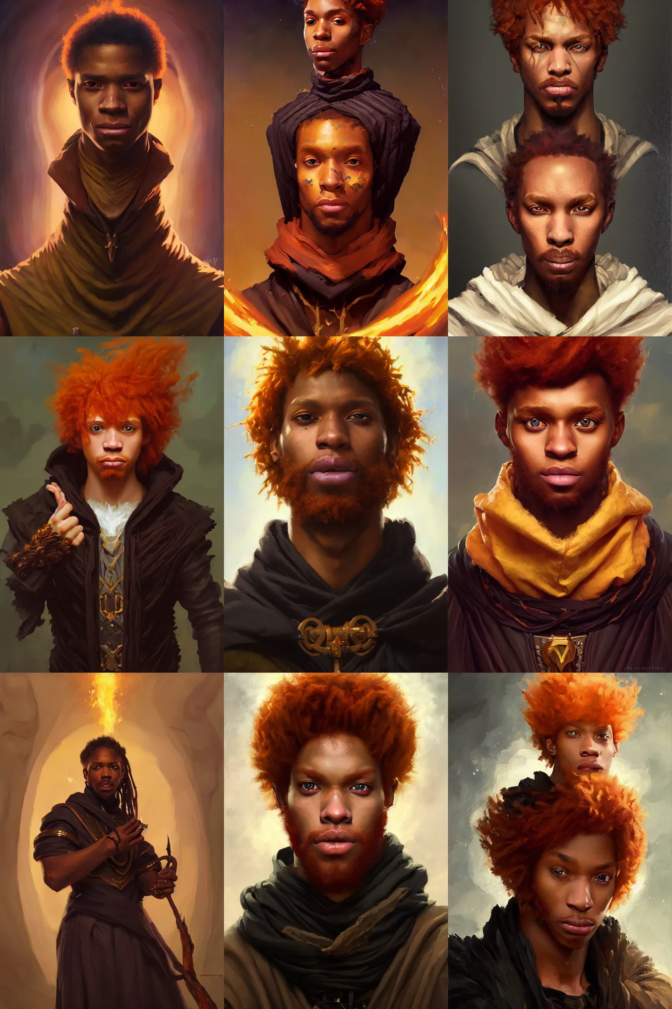 Prompt: a portrait of a young handsome black male warlock, ginger hair, oil on canvas, masterpiece, hi - fructose, mandy jurgens, artgerm, norman rockwell, craig mullins, noah bradley, tranding on pxiv, highly detailed face, clear eyes