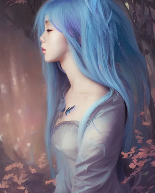 Image similar to stunningly beautiful female blue hair, cute korean actress, dj sura, fantasy art, fae priestess, lush dark forest landscape, fireflys at night, sharp focus, digital painting, 8 k, concept art, art by wlop, artgerm, greg rutkowski and alphonse mucha