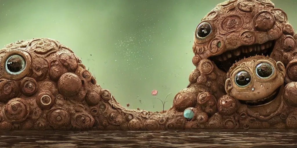 Image similar to of an intricate muddy lake water with strange cute friendly happy creatures with huge eyes, long tongue, round teeth and goofy funny face, appearing from the background, in the style of gehry and gaudi, macro lens, shallow depth of field, ultra detailed, digital painting, trending artstation, concept art, illustration, cinematic lighting, photorealism, epic, octane render