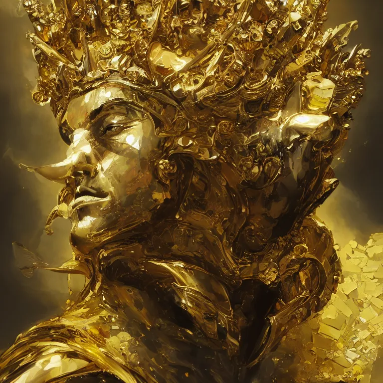 Image similar to tom cruise portrait of yellow angel king wearing shiny crown, subtle light accents, gold rococo, tom cruise face, sculpted by alex alice, craig mullins, yoji shinkawa, trending on artstation, beautifully lit, peter mohrbacher, hyper detailed, insane details, intricate, elite, elegant, luxury, cgsociety, hypermaximalist,