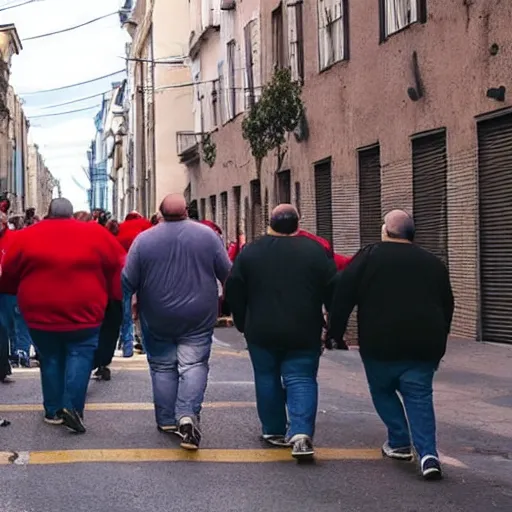 Image similar to a group of obese men walking through a street, the romanian flag is in the background in the sky, hyper realistic, very detailed.