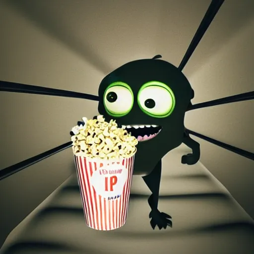 Image similar to mike wazowski from monsters inc falling down the stairs with a bucket of popcorn, iphone photo