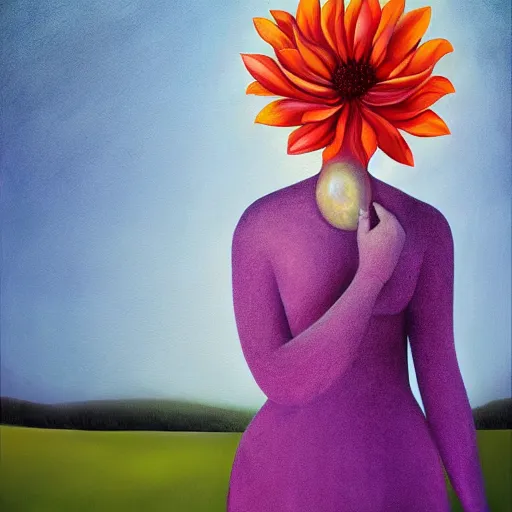 Image similar to huge flower as head, woman standing in a field, surreal, flat light, painting, digital painting, artstation, georgia o'keeffe