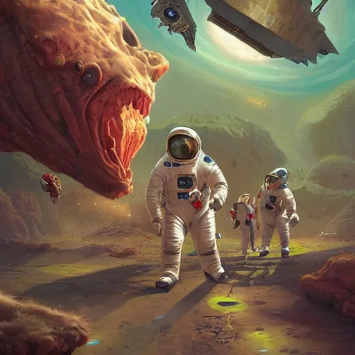 Image similar to Astronauts are having a party with green aliens and some dinosaurs on comet and a red dwarf as background, by Jordan Grimmer digital art, trending on Artstation,