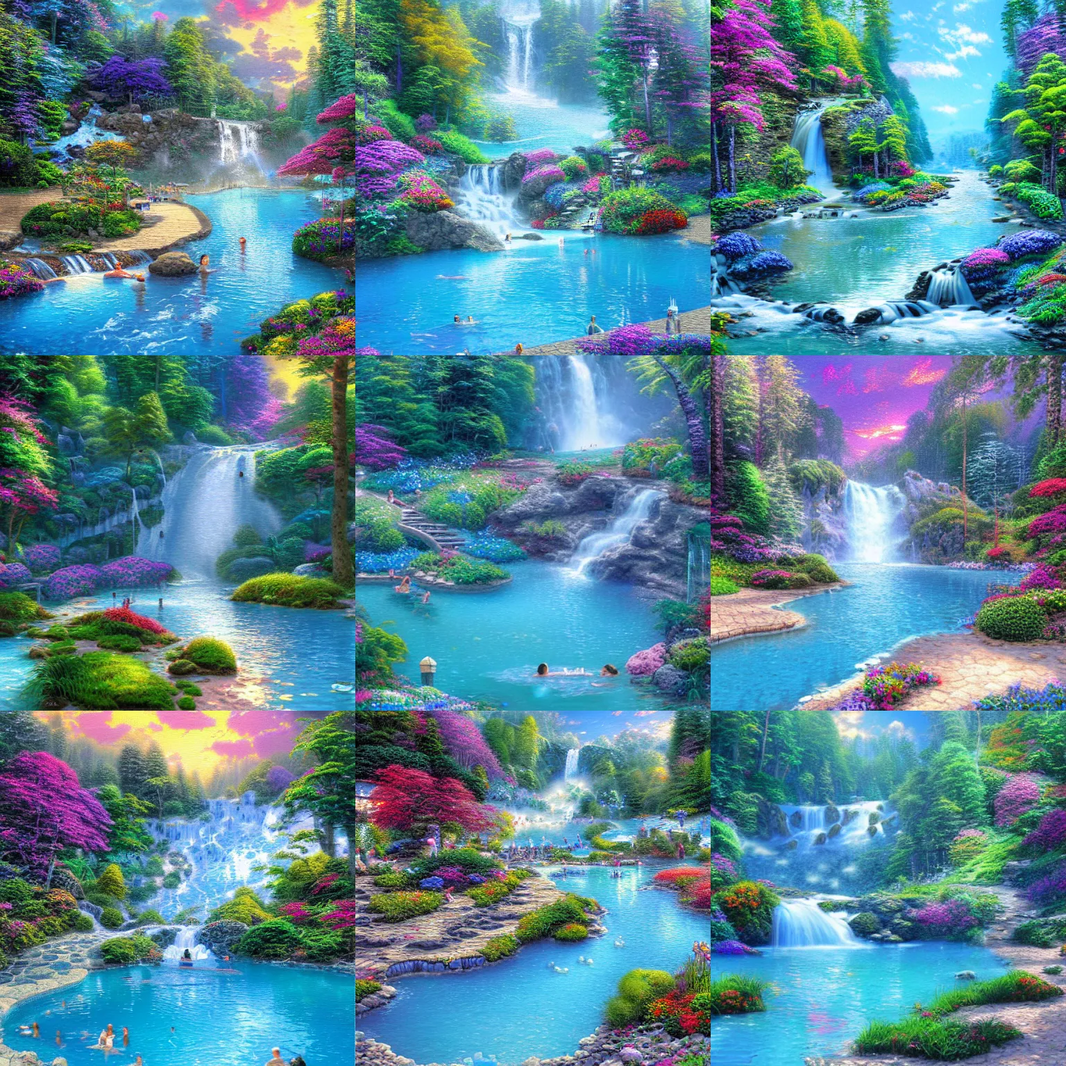 Prompt: beautiful waterfall flowing into a blue lagoon, illustration by thomas kinkade, colorful, creative design 8 k digital art