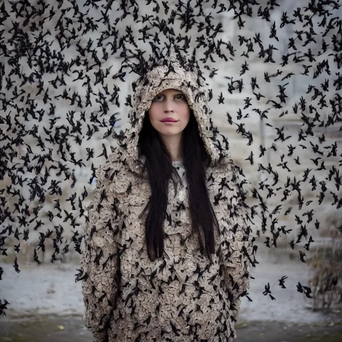 Prompt: a closeup portrait of a woman wearing a hood made of birds, in an abandoned theme park, by helen warner, canon eos c 3 0 0, ƒ 1. 8, 3 5 mm, 8 k, medium - format print