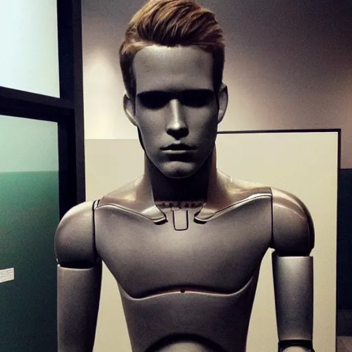 Image similar to “ a realistic detailed photo of a guy who is an attractive humanoid who is half robot and half humanoid, who is a male android, actor liam hemsworth, shiny skin, posing like a statue, blank stare, at the museum, on display ”