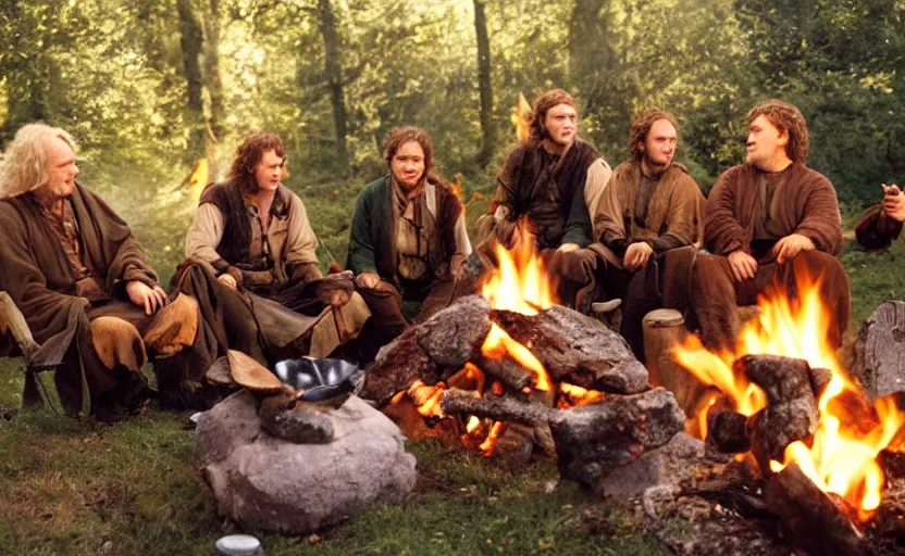 Image similar to the fellowship of the ring making s'mores around a campfire