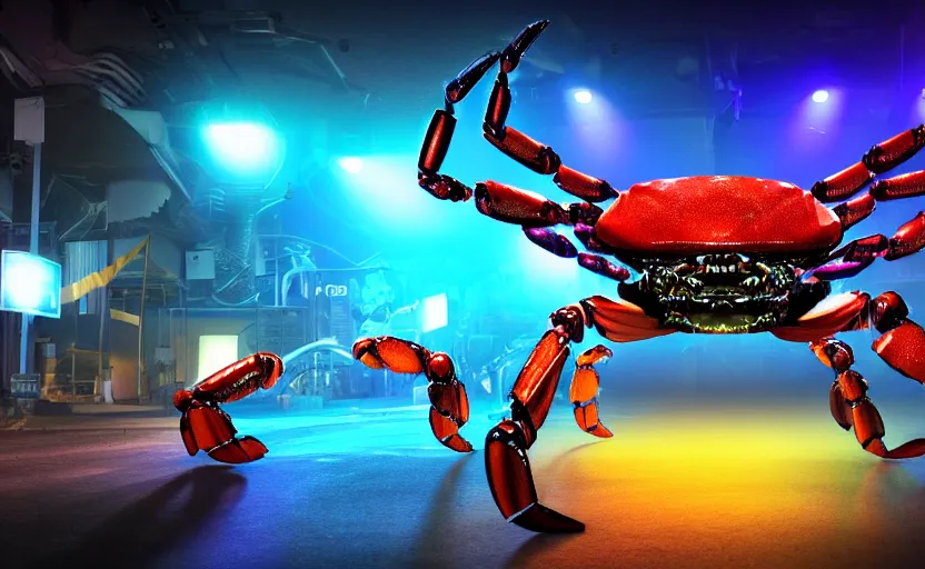 Image similar to robocrab cybercore disco rave, highly detailed, extremely high quality, hd, 4 k, 8 k, professional photographer, 4 0 mp, lifelike, top - rated, award winning, cinematic, realistic, detailed lighting, detailed shadows, sharp, no blur, edited, corrected, trending