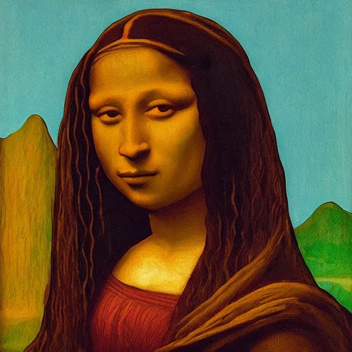 Image similar to an Afro American girl as Mona Lisa by Jacob Lawrence