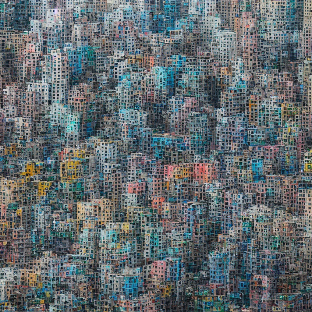 Image similar to a circular tower, made up of colourful makeshift squatter shacks in city downtown, dystopia, sony a 7 r 3, f 1 1, fully frontal view, ultra detailed, photographed by hiroshi sugimoto and,