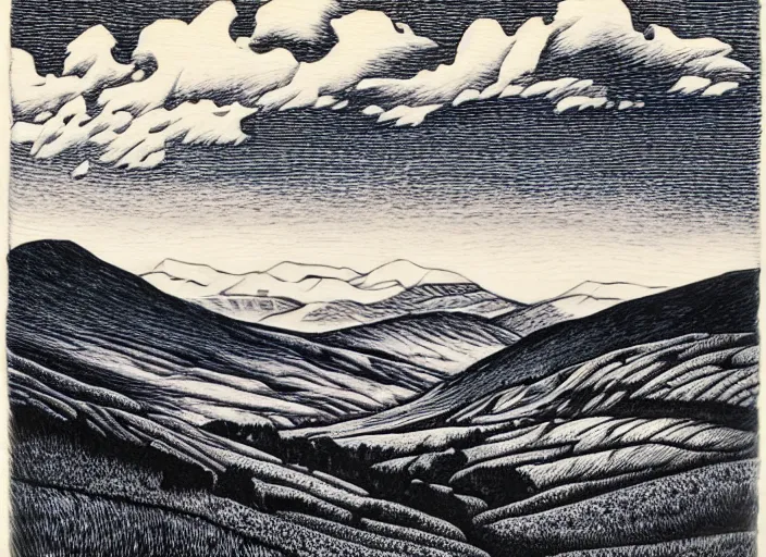 Prompt: a beautiful Wood engraving on paper of The highlands of Scotland