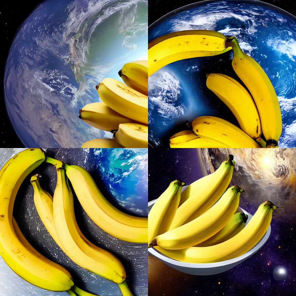 Prompt: a bowl of bananas in outer space above Earth