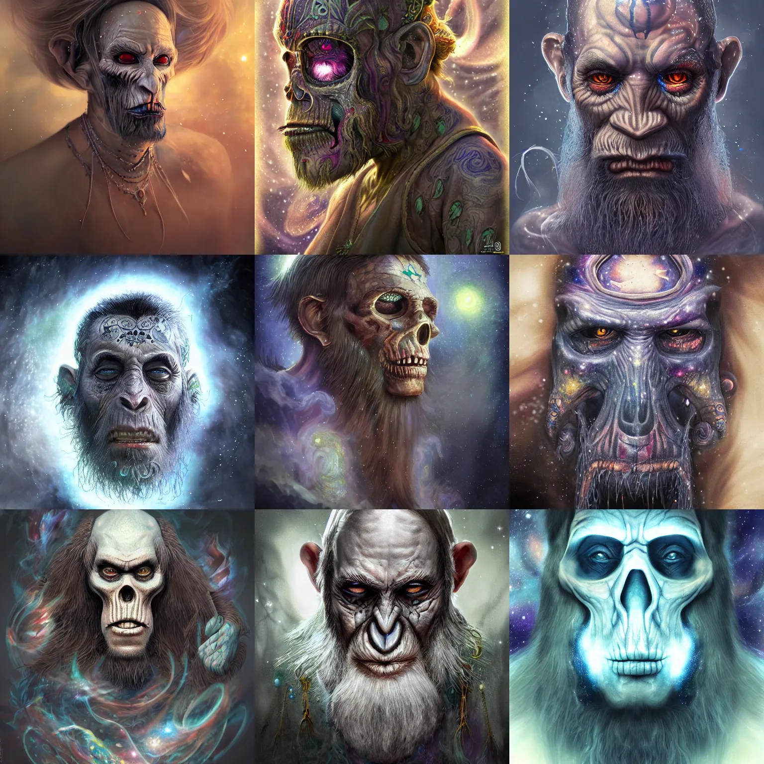 Image similar to a wlop 3 d render of very very very very highly detailed beautiful mystic portrait of a phantom undead mage ape with whirling galaxy around, tattoos by anton pieck, intricate, extremely detailed, digital painting, artstation, concept art, smooth, sharp focus, illustration, intimidating lighting, incredible art,