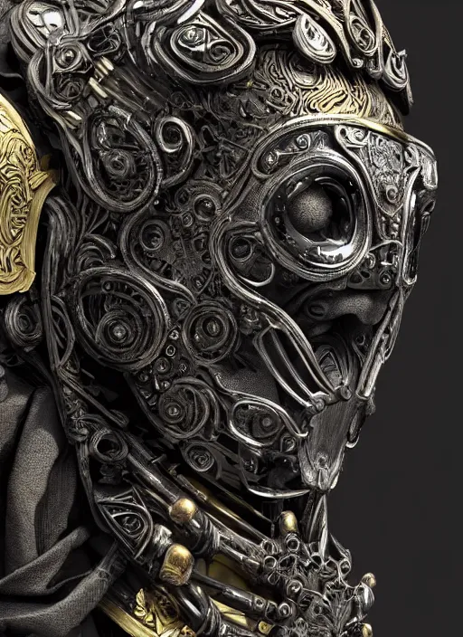 Image similar to hyper realistic glorious ancient celtic god in a obsidian metal armor, futuristic design, designed by makoto kobayashi and luca zampriolo, portrait, cyberpunk style, wood and gold details, intricate, extremely detailed, ornate, deep of field, hard surface, exoskeleton, substance designer metal unreal engine. amazing likeness. very detailed.