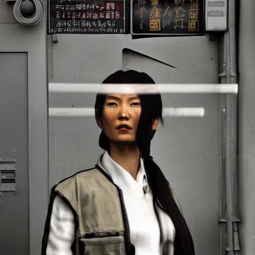 Image similar to a chinese woman at a gas station, 3 dcg, metal gear solid, morrowind, portrait, street photography, by mario testino, davide sorrenti, jemal shabazz