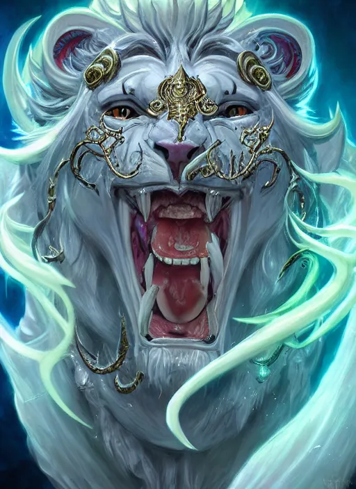 Image similar to anthropomorphized white lion wizard casting magic bright light spell, tzeentch, smiling, casting spell, concept art, insanely detailed and intricate, hypermaximalist, elegant, ornate, hyper realistic, super detailed, art deco, cinematic, trending on artstation, magic the gathering artwork