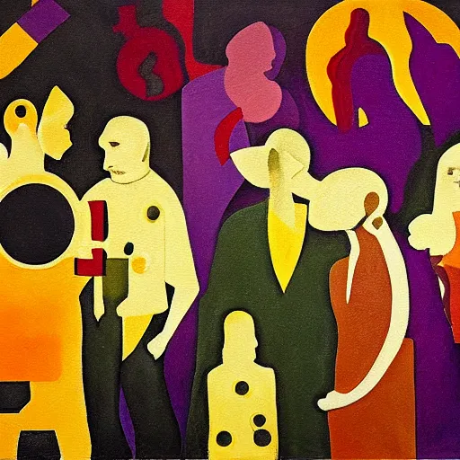 Image similar to bright oil on masonite painting by aaron douglas of a psychedelic conference of scientists / professors / researchers, high detail