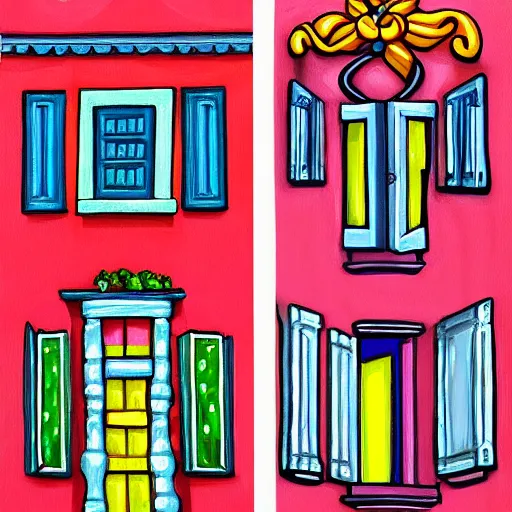 Image similar to a painting of a ntique decorated windows, an ultrafine detailed painting by hidrock, behance contest winner, naive art, behance hd, 2 d game art, detailed painting