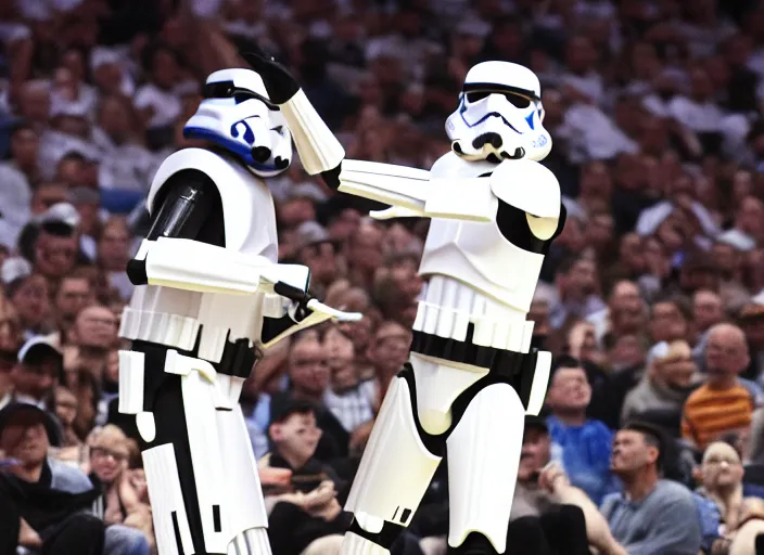 Image similar to ESPN still of Storm Trooper playing in the nba playoffs live on espn, 4k