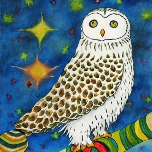 Image similar to snowy owl with cat tail and paws, gryphon, Louis William Wain watercolor, fantasy