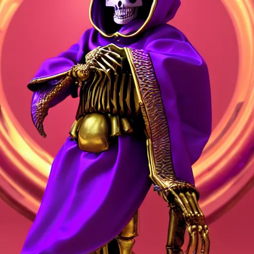 Image similar to a skeleton in a purple robe, golden magical shoulder pads, in a hood, a red magic sphere in his chest, he stands next to a golden throne, realism, game quality, 3d render, proportions