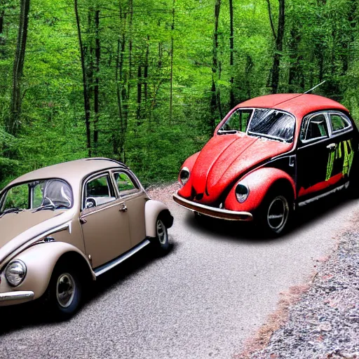 Image similar to promotional scifi - mystery movie scene of a ( volkswagen beatle ) and ladybug hybrid that's more ladybug. racing down a dusty back - road in smokey mountains tennessee. cinematic, 4 k, imax, 7 0 mm, hdr