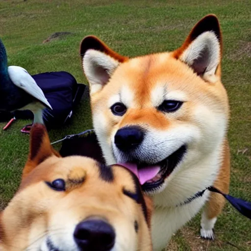 Prompt: a photo selfie of shiba inu and mallard, best friends