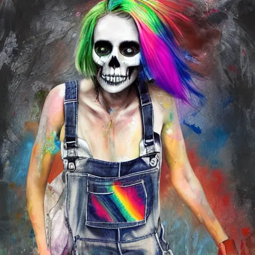 Prompt: full body pose, mixed media painting of a grungy skull woman with rainbow hair, soft eyes and narrow chin, dainty figure, torn overalls, short shorts, combat boots, basic white background, side boob, wet tshirt, wet, raining portrait, extremely hyper - detailed, intricate, epic composition, very detailed, masterpiece, stunning,